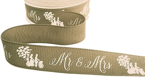 R7859 25mm Oatmeal Mr & Mrs Wedding Print Hopsack Ribbon, Berisfords