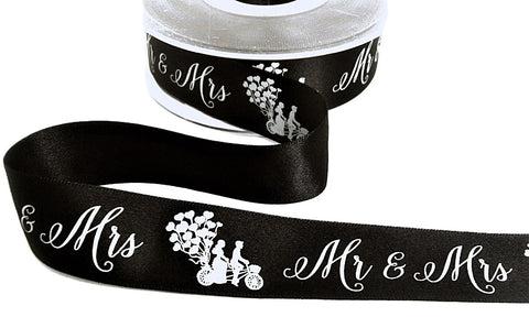 R7890 25mm Black Mr & Mrs Wedding Printed Satin Ribbon by Berisfords