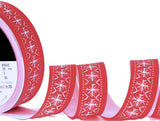 R8011 25mm Red-White Snowflake Print Rustic Taffeta Ribbon, Berisfords