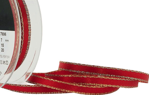 R8415 7mm Red Double Satin Ribbon, Metallic Gold Edge by Berisfords