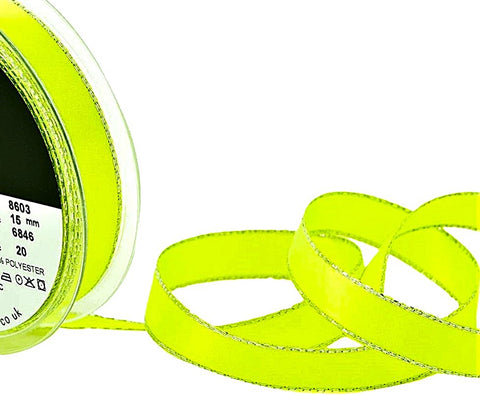 R8609C 15mm Flo Yellow Satin Ribbon-Silver Metallic Edge by Berisfords