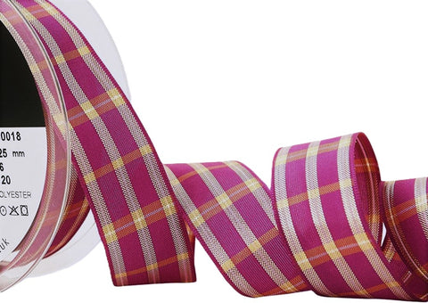 R8640 25mm Fuchsia Pink Regal Tartan Check Ribbon by Berisfords