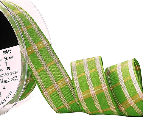 R8690C 25mm Green-Yellow-Metallic Gold Tartan Ribbon by Berisfords