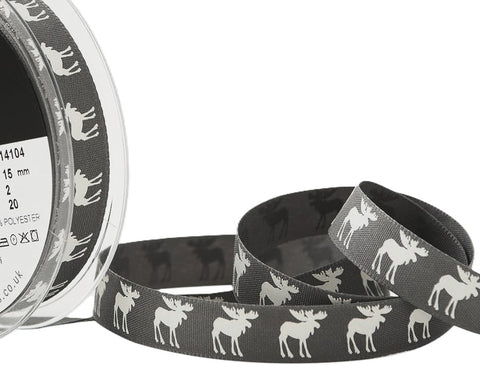 R8710 15mm Grey Moose Rustic Taffeta Printed Ribbon by Berisfords