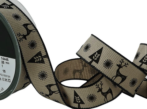 R8711 25mm Black-Oatmeal Rustic Christmas Hopsack Ribbon, Berisfords