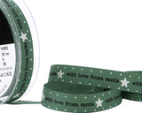 R8718 15mm Green Rustic Taffeta Christmas Print Ribbon by Berisfords