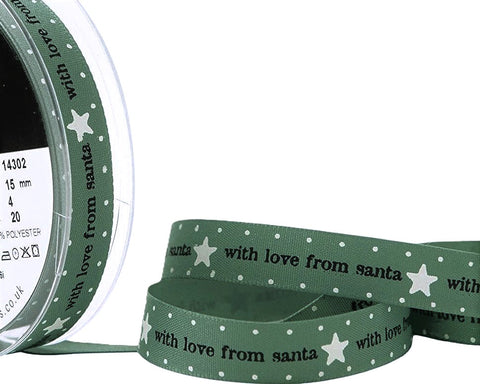 R8718C 15mm Green Rustic Taffeta Christmas Print Ribbon by Berisfords