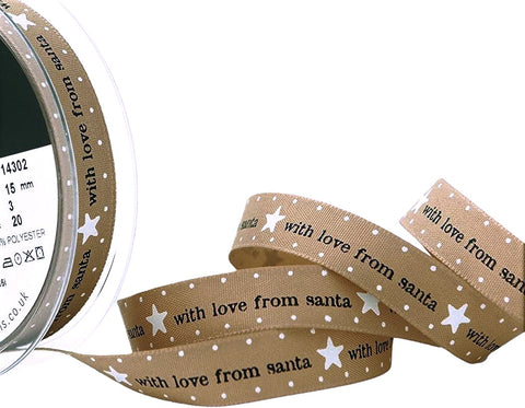 R8724 15mm Oatmeal Rustic Taffeta Christmas Print Ribbon by Berisfords