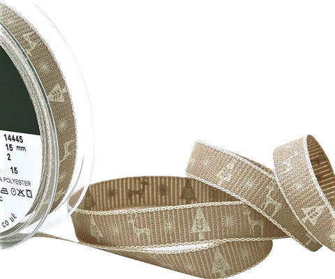 R8729 15mm Cream-Oatmeal Rustic Hopsack Christmas Ribbon, Berisfords