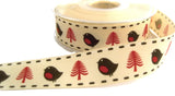 R8730 25mm Cream-Red-Black Robin-Christams Tree Ribbon, Berisfords