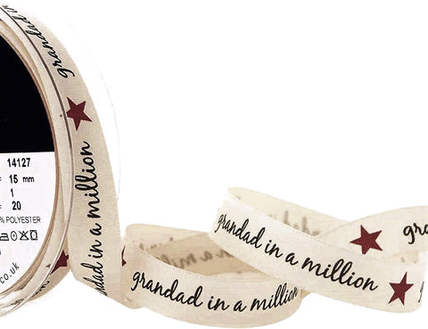 R8732 15mm Grandad in a Million Printed Rustic Taffeta Ribbon, Berisfords