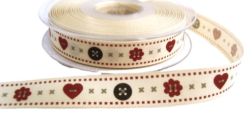 R8735 15mm Natural Rustic Taffeta Printed Ribbon Button Design, Berisfords