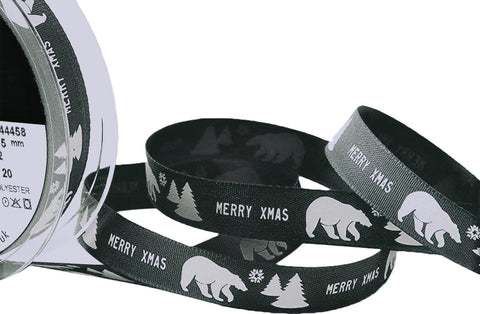 R8740 15mm Grey Rustic Taffeta Polar Bear Xmas Ribbon by Berisfords