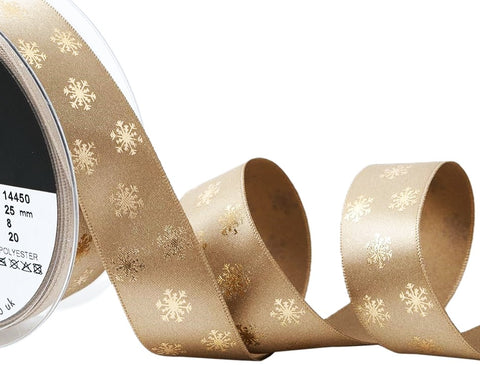 R8743 25mm Straw Satin Ribbon with Metallic Gold Snowflake Design