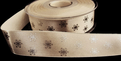 R8745 15mm Cream Satin Ribbon with Metallic Silver Snowflake Design