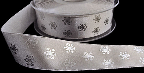 R8748 25mm Silver Grey Satin Ribbon-Metallic Polka Flake Print-Berisfords