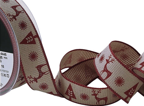 R8759 25mm Red-Oatmeal Scandichic Christmas Hopsack Ribbon,Berisfords