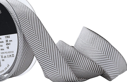 R9186 25mm Silver Grey Herringbone Woven Jacquard Ribbon, Berisfords