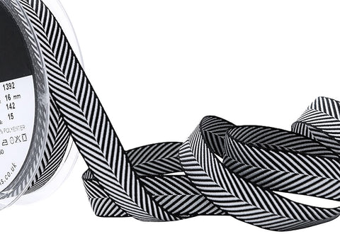 R9194 16mm Black-White Herringbone Woven Jacquard Ribbon, Berisfords