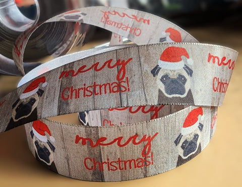 R9312 26mm Mix Grey Merry Christmas Pug Dog Taffeta Ribbon