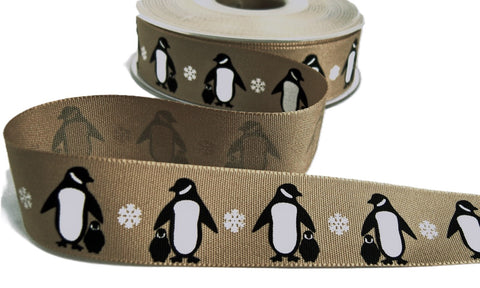 R9396 25mm Oatmeal Penguins Rustic Taffeta Ribbon by Berisfords