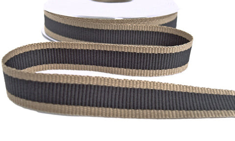 R9407 15mm Dark Grey-Oatmeal Stripe Hopsack Ribbon by Berisfords