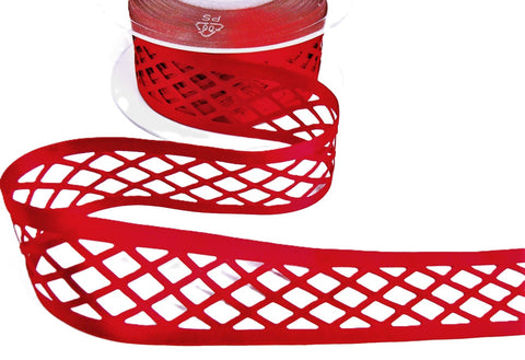 R9420 35mm Red Satin Trellis Ribbon by Berisfords