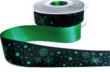 R9485 25mm Green-Black Satin Snowflake-Stars Christmas Ribbon,Berisfords