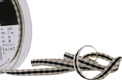 R9500 7mm Black-Natural Ivory Rustic Gingham Ribbon by Berisfords