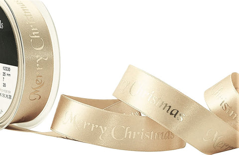 R9513 25mm Cream Satin Ribbon-Gold Merry Christmas Print, Berisfords