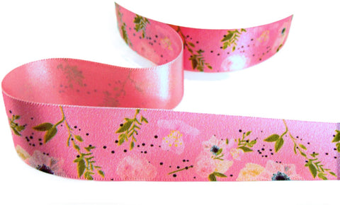 R9514 25mm Sugar Pink Flower Design Satin Ribbon by Berisfords