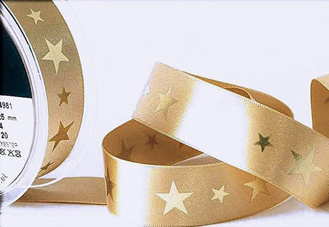 R9518 25mm Honey Gold Satin Ribbon-Metallic Star Print by Berisfords