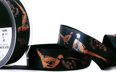 R9522 25mm Black-Copper Metallic Pheasant Printed Ribbon, Berisfords