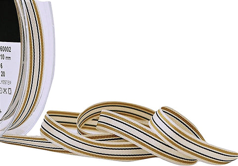 R9523 10mm Ivory-Gold-Black Striped Deckchair Grosgrain Ribbon