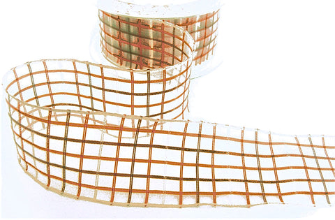 R9652 40mm Copper-Pearl-Brown Sheer Check Ribbon by Berisfords