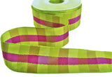 R9659 40mm Greens-Fuchsia Pink Banded Gingham Ribbon by Berisfords