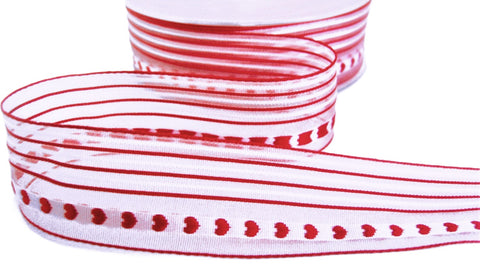 R9666 27mm Red-White Sheer Ribbon-Satin Stripes-Love Heart,Berisfords