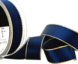 R9686 25mm Navy Satin Ribbon-Metallic Gold Borders by Berisfords