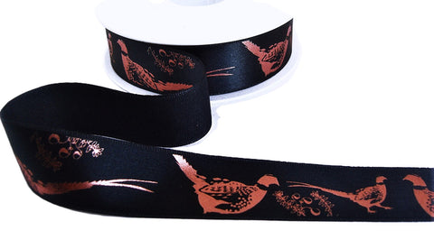 R9692 25mm Black-Rose Gold Metallic Pheasant Printed Ribbon,Berisfords