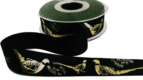 R9693 25mm Black-Gold Metallic Pheasant Print Satin Ribbon, Berisfords