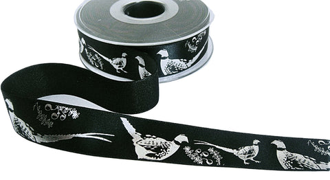 R9694 25mm Black-Silver Metallic Pheasant Print Satin Ribbon,Berisfords