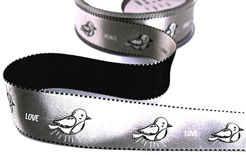 R9709 26mm Grey-Black PEACE LOVE Dove Printed Satin Ribbon, Berisfords