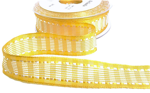 R9761 25mm Jasmine Yellow-White Banded Gingham Ribbon by Berisfords