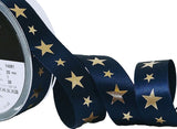 R9800 25mm Navy Satin Ribbon-Metallic Gold Star Print by Berisfords