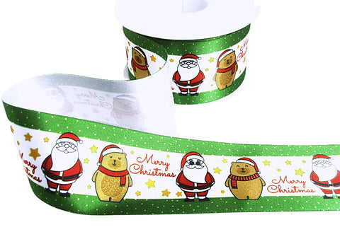 R9822 50mm Merry Christmas-Santa-Bear Printed Satin Ribbon, Berisfords