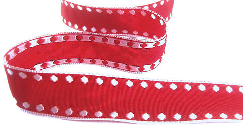 R9825 25mm Red-White Woven Silk Spots-Borders Ribbon by Berisfords