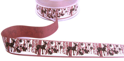 R9834 25mm Pink Rustic Taffeta Winter Animals Print Ribbon, Berisfords