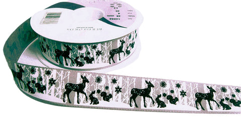 R9835 25mm Grey Rustic Taffeta Winter Animals Print Ribbon, Berisfords