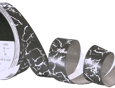 R9848 25mm Grey Satin-Metallic Silver Marble Print Ribbon, Berisfords