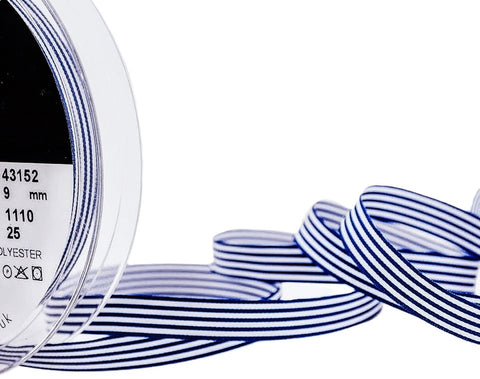 R9868 9mm Royal Navy-White Stripes Soft Taffeta Ribbon by Berisfords